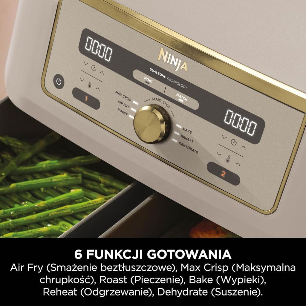Ninja MAX Dwustrefowa frytkownica, 2 szuflady, 9,5 l, zero oleju, Air Fry, Max Crisp, Roast, Bake, Reheat, Dehydrate, nieprzywierające kosze do mycia w zmywarce, Złoty odcień kamienia, DZ400EUSTGD