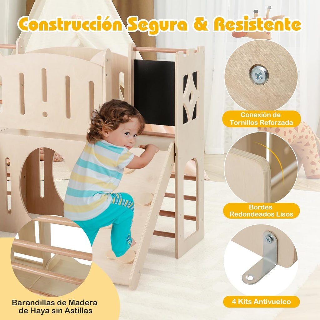 COSTWAY 8 en 1 Parque de Juegos de Interior de Madera con Temática de Castillo, Tobogán Infantil, Escalador, Escaleras, Almacenamiento, Pizarra, Túnel, Juego Montessori para Niños de 3+ Niños