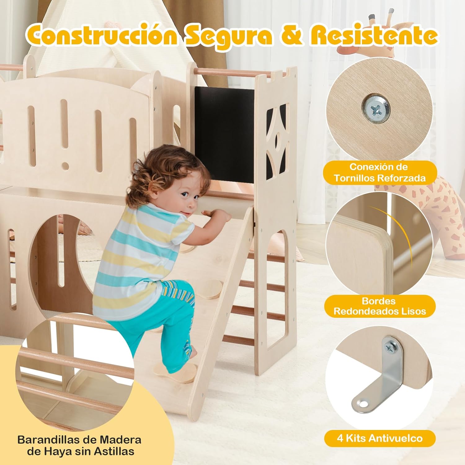 COSTWAY 8 en 1 Parque de Juegos de Interior de Madera con Temática de Castillo, Tobogán Infantil, Escalador, Escaleras, Almacenamiento, Pizarra, Túnel, Juego Montessori para Niños de 3+ Niños