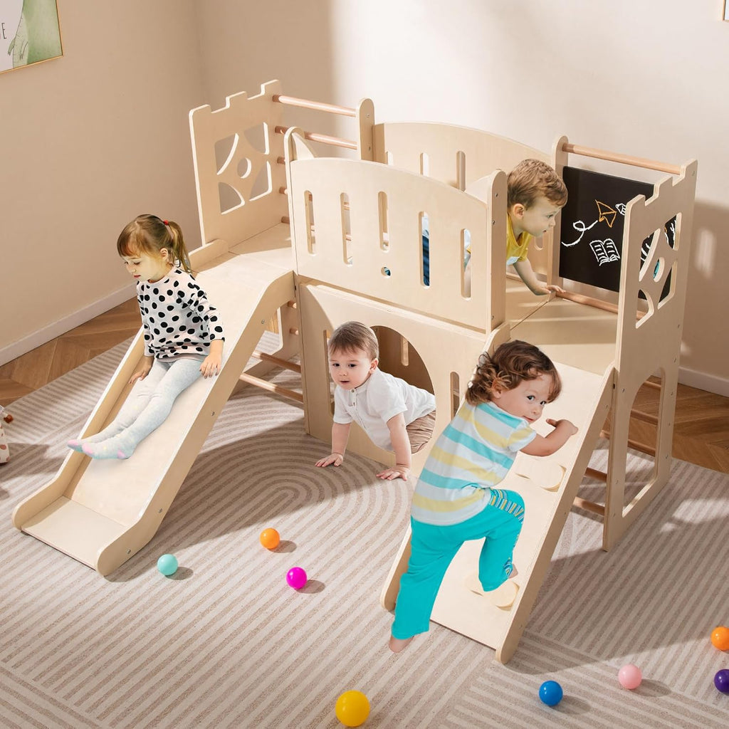 COSTWAY 8 en 1 Parque de Juegos de Interior de Madera con Temática de Castillo, Tobogán Infantil, Escalador, Escaleras, Almacenamiento, Pizarra, Túnel, Juego Montessori para Niños de 3+ Niños