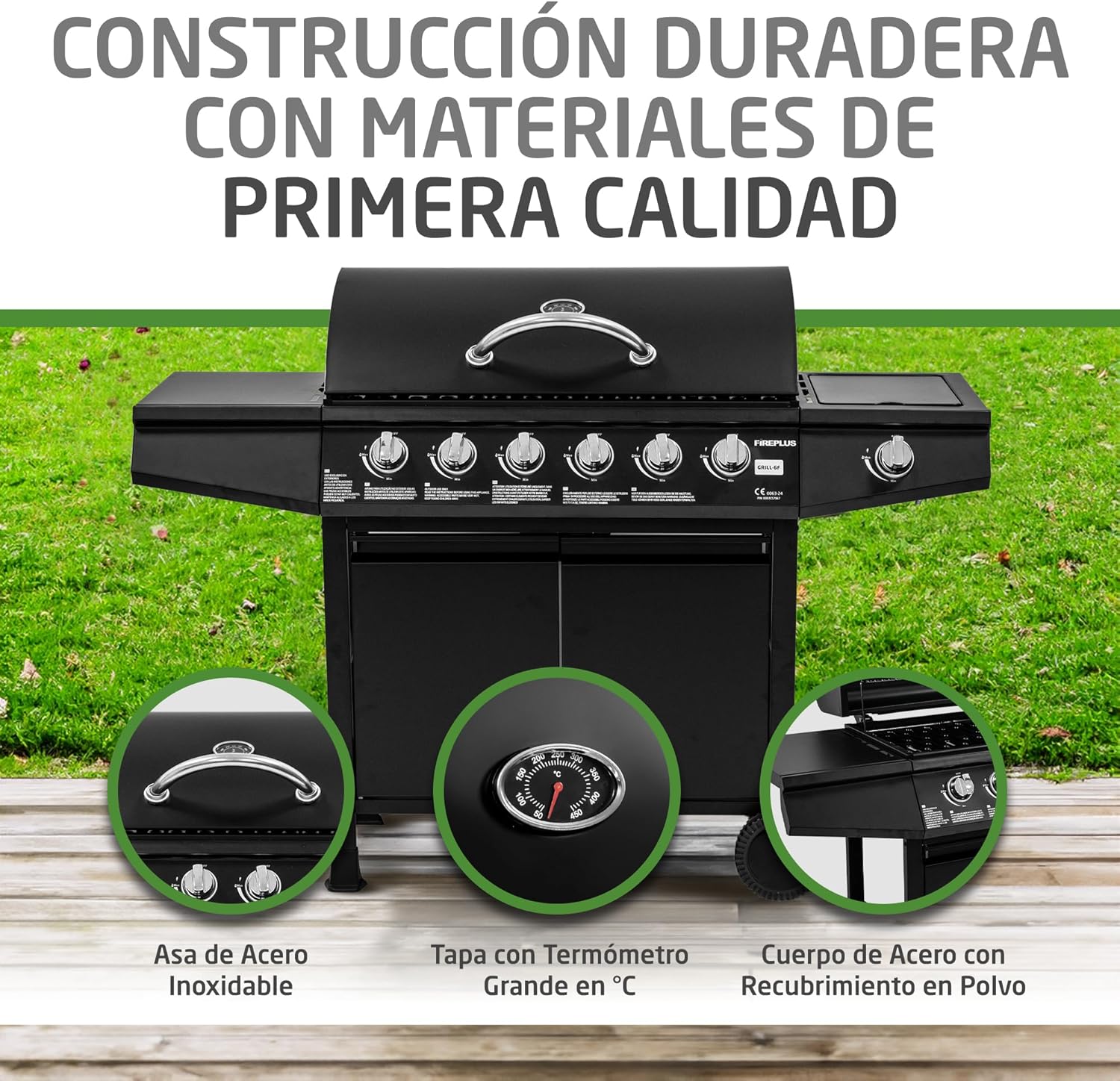 Amig - Barbacoa de gas Fireplus 6+1 de 12,9 kW - Acero inoxidable Negro - Parrilla con ruedas Modelo GRILL-6F - Barbacoa XXL con carro y termómetro - 138x52x103 cm - 7 quemadores y Bandeja lateral