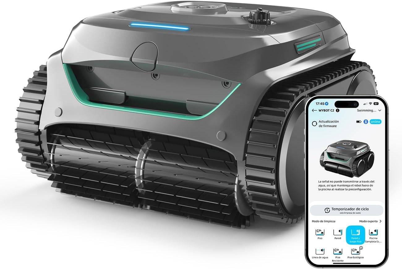 WYBOT C2 Limpiafondos Piscina, Robot Limpiafondos Piscina Inalámbrico 150㎡, Doble Filtración, 3 Motores, Succión Potente, Limpieza Paredes & Línea de Agua, 180 Min, App(Gris-Verde Gris)