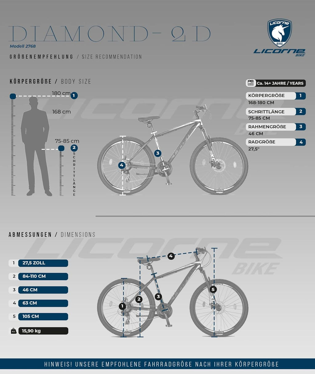 Licorne Bike Diamond Premium - Bicicleta de montaña de aluminio para niños, niñas, hombres y mujeres, cambio de 21 velocidades, freno de disco, horquilla delantera ajustable de 26, 27,5 y 29 pulgadas