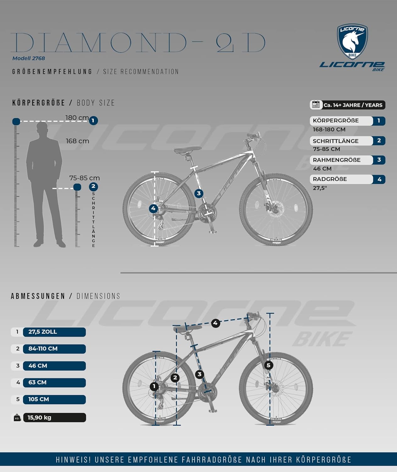 Licorne Bike Diamond Premium - Bicicleta de montaña de aluminio para niños, niñas, hombres y mujeres, cambio de 21 velocidades, freno de disco, horquilla delantera ajustable de 26, 27,5 y 29 pulgadas