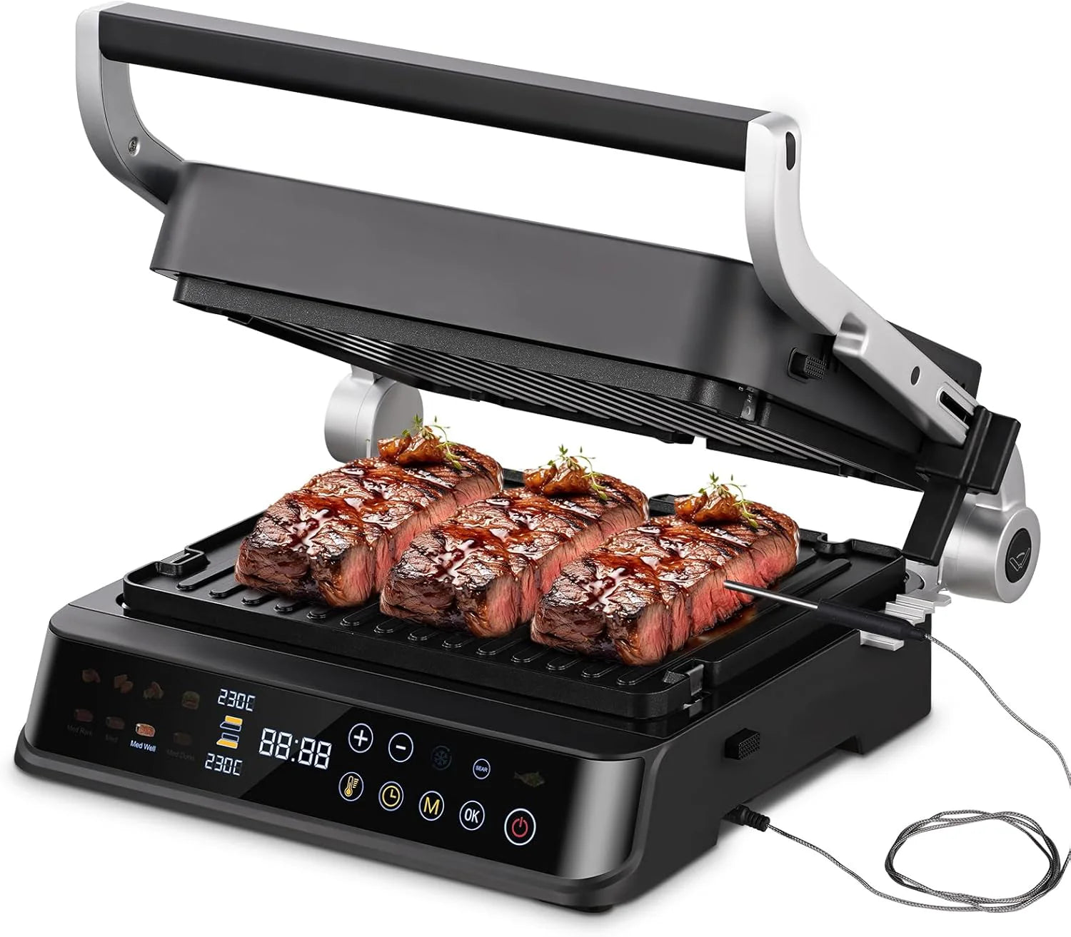 AMZCHEF Parrilla Eléctrica con 6 Programas, Función Sear hasta 280°C, Modo Manual, Sensor de Temperatura, Placas Desmontables y Bandeja para Gofres, Ideal para Carne, Pescado, Paninis y Gofres