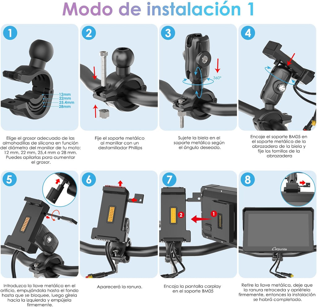 CARPURIDE W702S Pro Motocicleta CarPlay Pantalla con BM05 Soporte para Conectar y Usar, Inalámbrico CarPlay y Android Auto, 7" Impermeable Táctilpantalla, Dual Bluetooth, Control con Cable, Brújula.