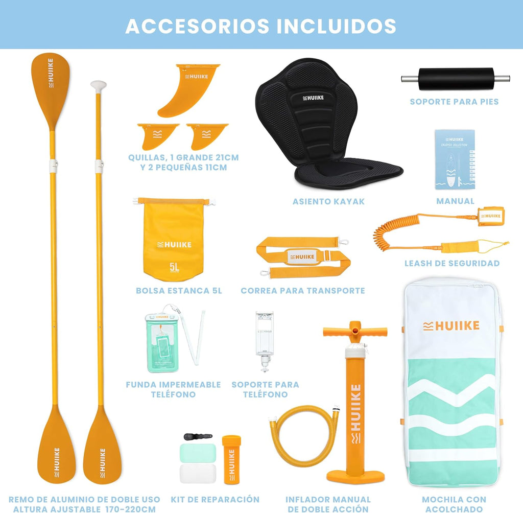 HUIIKE Tabla Paddle Surf Hinchable con Accesorios Incluidos, Remo, Quillas, Inflador. Stand Up Paddle Board Gran Estabilidad y Resistencia. 305 x 84 x 15 cm, Soporta hasta 130 kg
