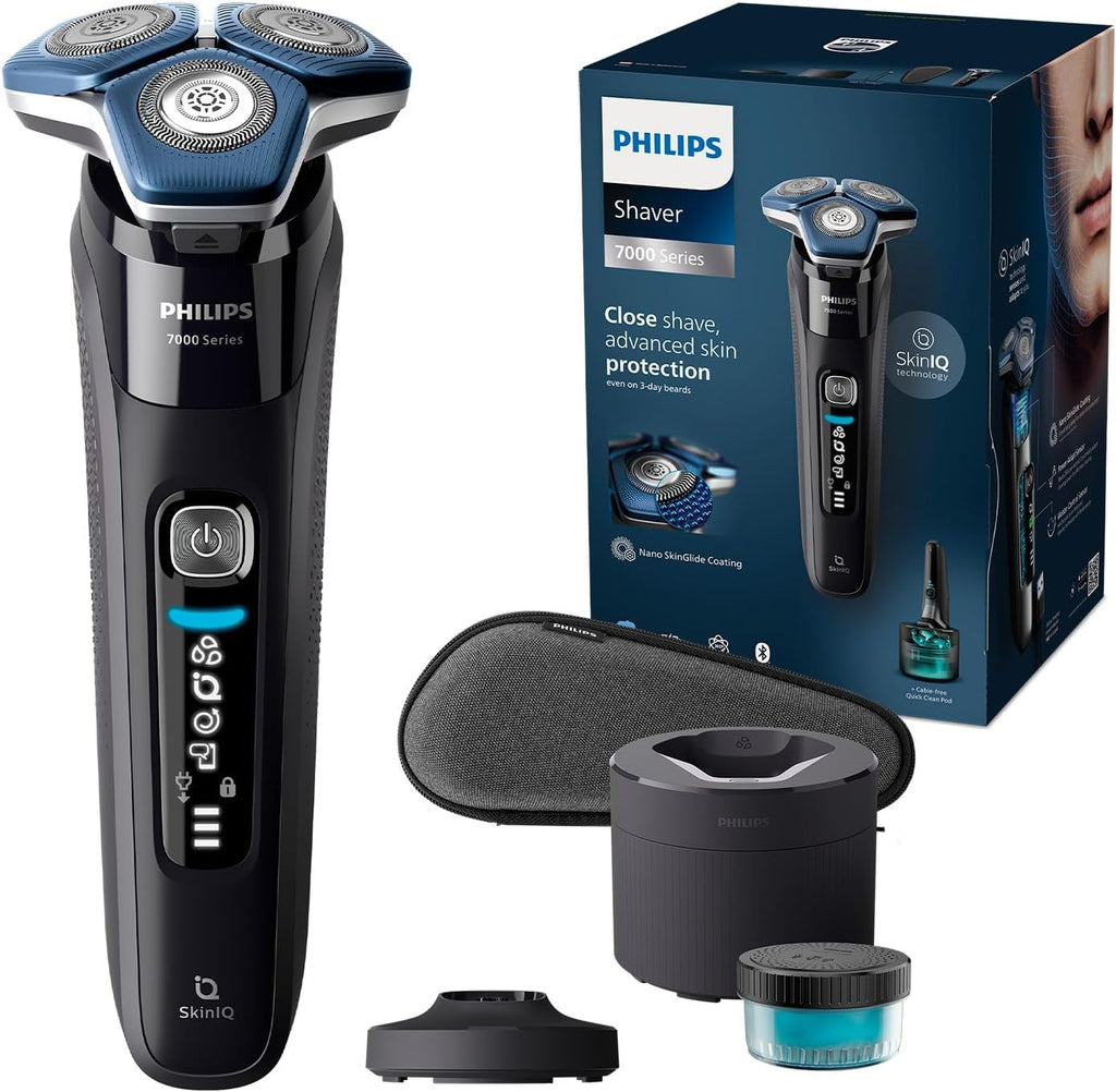 Serie 7000 Afeitadora Eléctrica Hombre, Máquina de Afeitar Barba con Recortadora, 45 cuchillas, 60min de uso, En Seco y Húmedo, Recargable, Centro de Limpieza, Base Carga, S7886/55, Negro