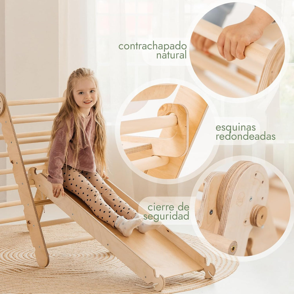 5 en 1 Montessori Juego de Escalada Interior para Niños Pequeños - Gimnasio de Madera para Niños Escalera Triangular & Arco & Rampa de Escalada & Red & Cojín - Gimnasio de Madera para niños pequeños