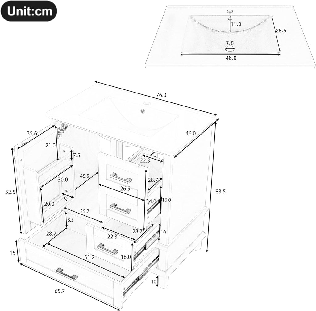Moimhear Mueble de baño de pie, lavabo, lacado completo, tres cajones silenciosos, lavabo de cerámica integrado (blanco, 76 x 46 x 83,5 cm)