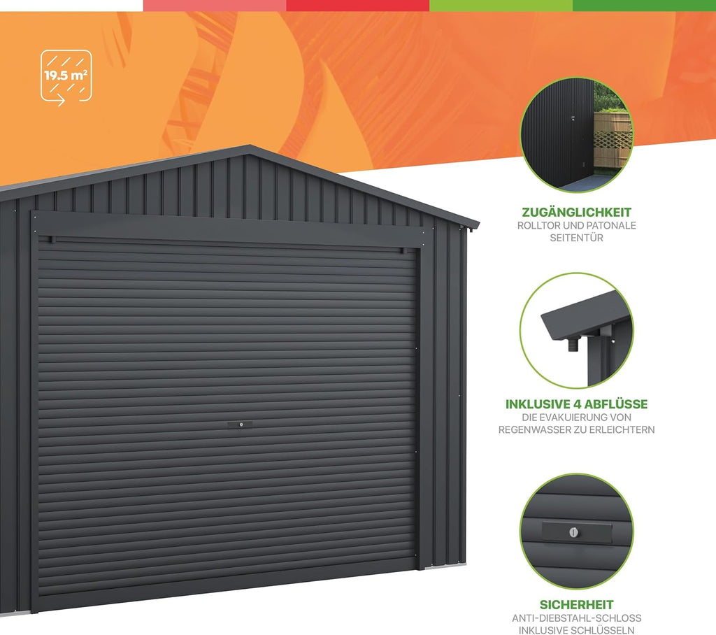 Wasabi - Garaje Metálico 19,52m2 Jarama – Portón Amplio Enrollable - Resguardo Exterior Coche - Cierre Seguridad Llave - Puerta Lateral Peatonal - Cochera Cobertizo Jardín Almacenaje – 576x338x243cm