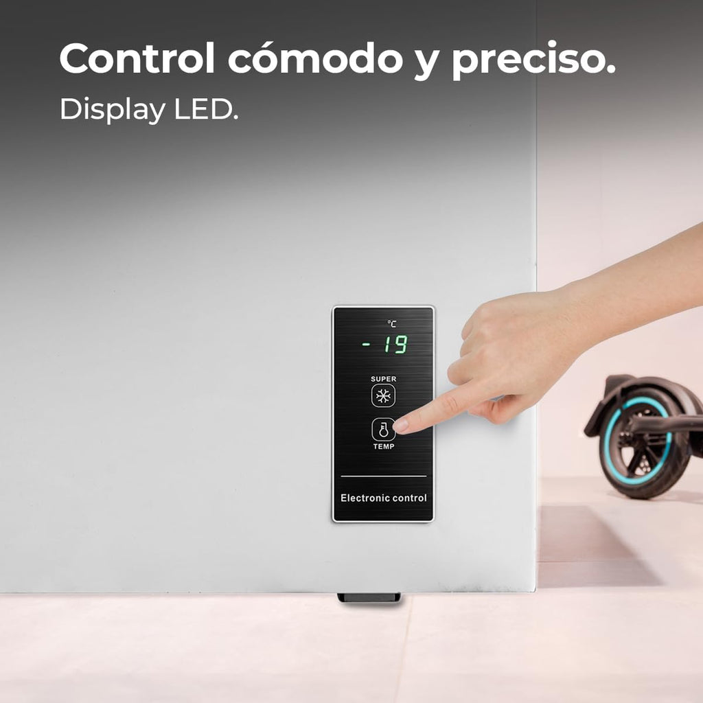 Cecotec Congelador Horizontal 198L Bolero CoolMarket Chest 198P White E. Cesta con Asas, Control Electrónico LED, UltraContact D-Cool, Dual Function, Puerta ZeroG (80º-30º), Fast Freezing, Compacto