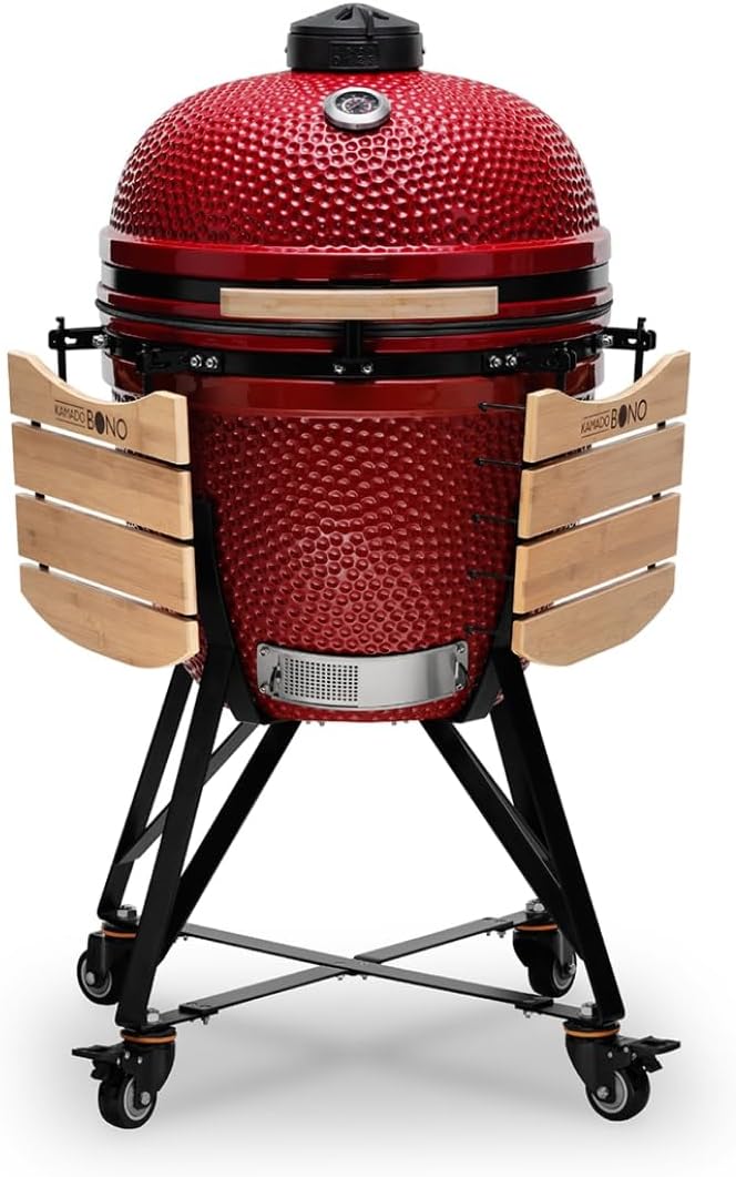 Kamado BONO BBQ - Barbacoa Grande XXL con 10 accesorios - Ø 59 cm Kamado Barbacoa con Accesorios - Parrilla ahumador rojo en la terraza, balcón o jardín