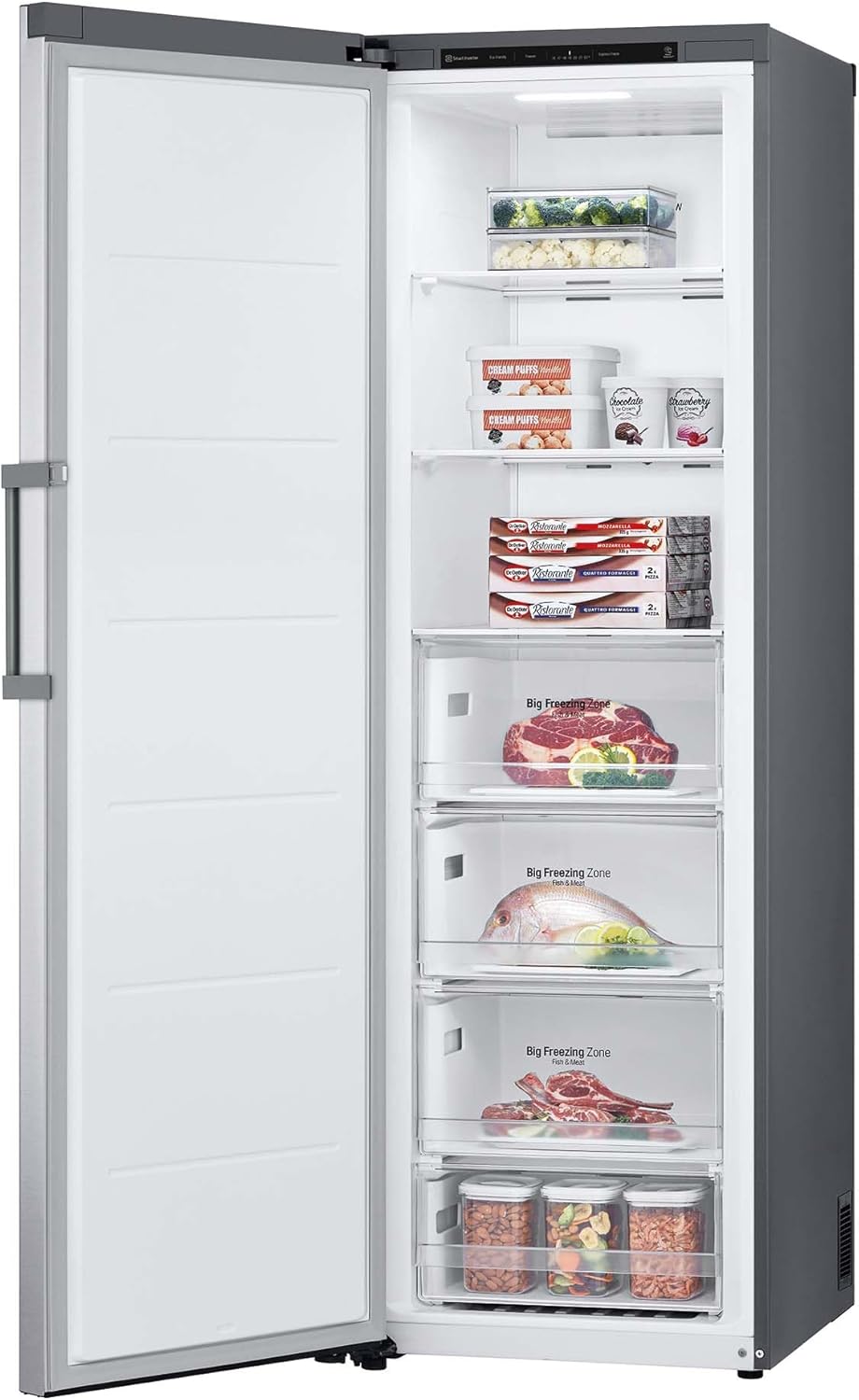 GFT41PZGSZ - Congelador No Frost Total, 1 Puerta, Compresor Smart Inverter, de 355 L y 186 cm, Congelador Vertical con Funcion de Congelacion Rapida, Color Inox