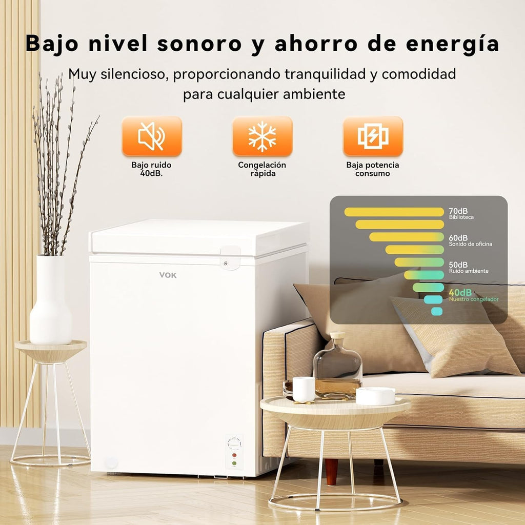 VOK Congelador Horizontal 194 L Ancho 81,8 cm - Función Dual, Congelación Rápida, Luz LED, Bloqueo de Seguridad, Autonomía de 23 h, Blanco