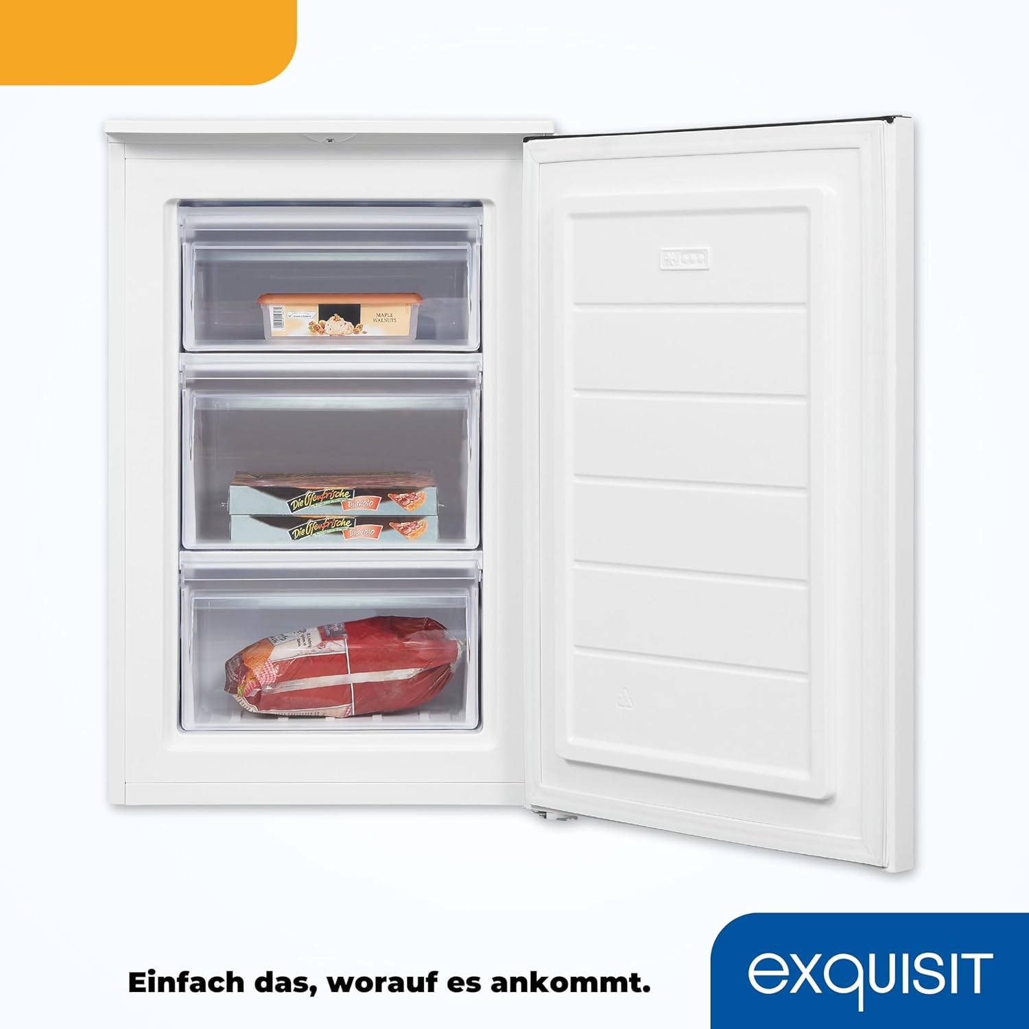Exquisit congelador vertical, 87L, 4 estrellas, clase D, Color blanco, 3 cajones, método descongelación manual, termostato ajustable, puerta reversible, 40 db, consumo 132 kwh/año, 85,5x54,5x58 cm