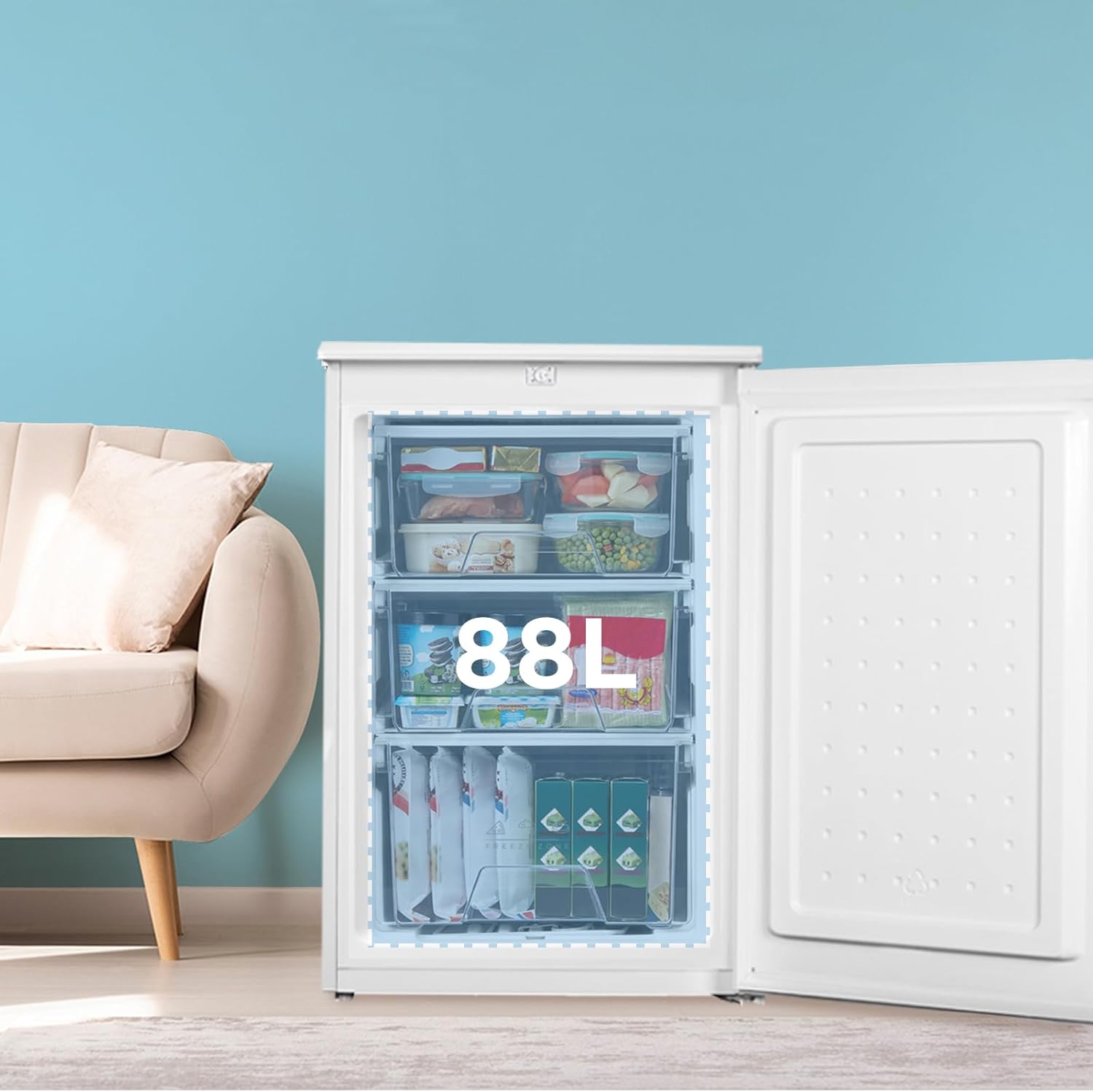 COMFEE' RCU83WH3EU(E) Congelador vertical independiente 88 Litros, 3 cajones, Congelador de gran capacidad, Termostato ajustable, Puerta reversible, Blanco