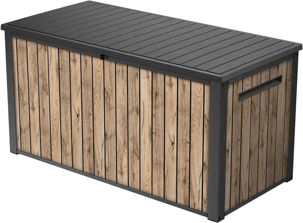 Keter Caja de jardín Sierra 643L, 144 x 67 x 73 cm, plástico con aspecto de madera (pino), tapa con resortes de gas, se puede cerrar