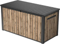 Keter Caja de jardín Sierra 643L, 144 x 67 x 73 cm, plástico con aspecto de madera (pino), tapa con resortes de gas, se puede cerrar