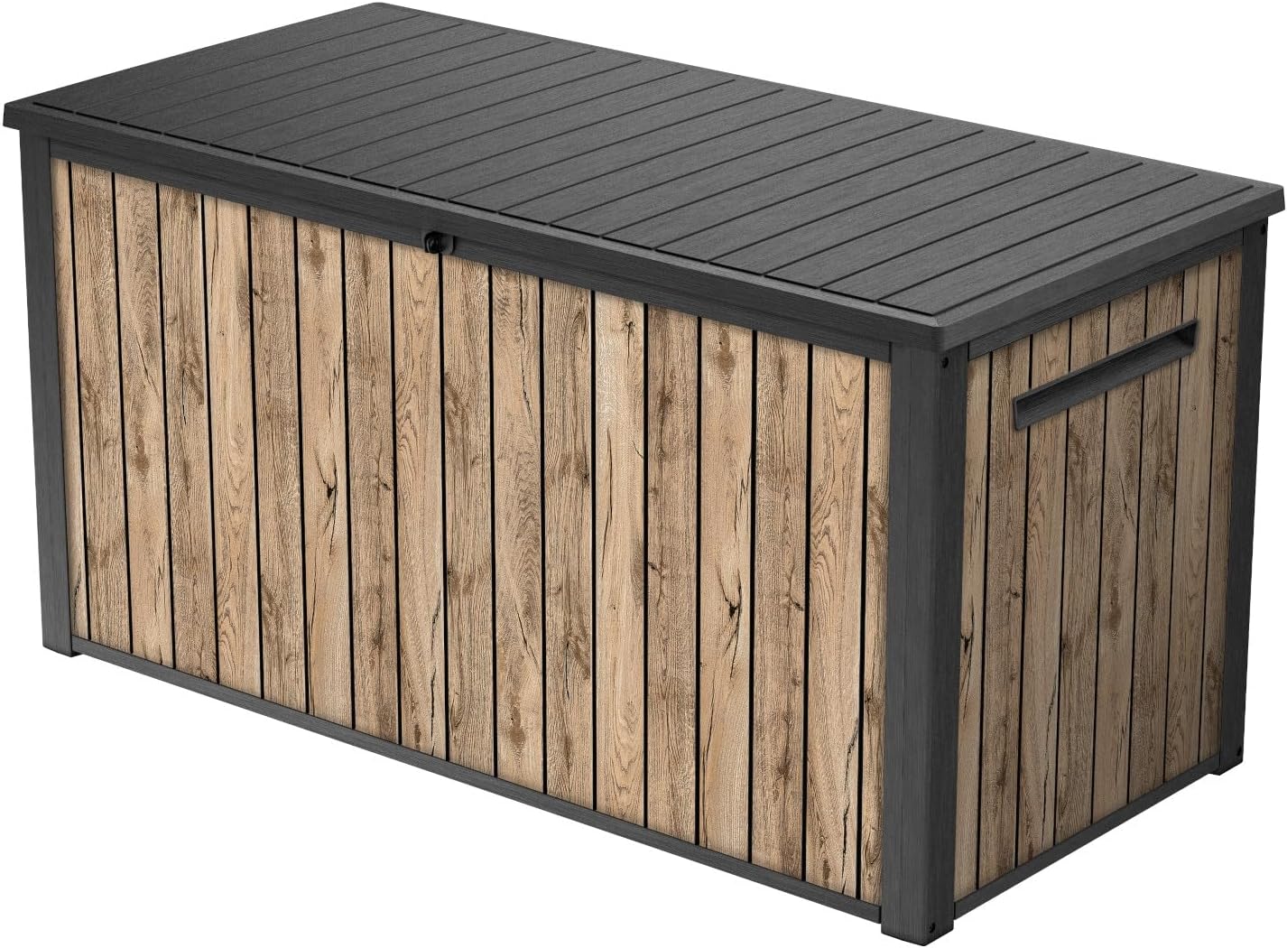 Keter Caja de jardín Sierra 643L, 144 x 67 x 73 cm, plástico con aspecto de madera (pino), tapa con resortes de gas, se puede cerrar