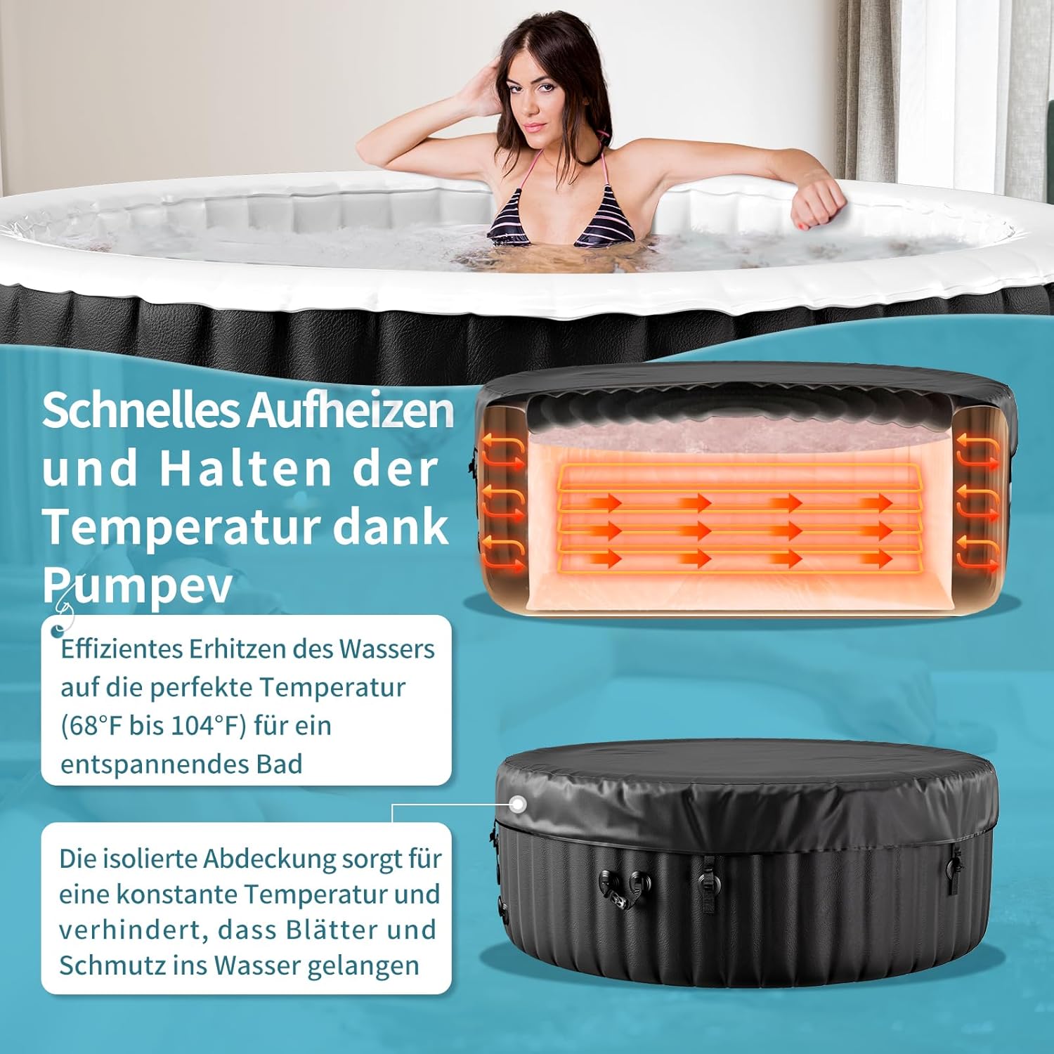Hot Tub hinchable para 4 personas, 2400 W interior/exterior, piscina de spa de invierno, con 120 chorros de aire, protección contra heladas, 799 litros, a prueba de fugas, ahorro de energía