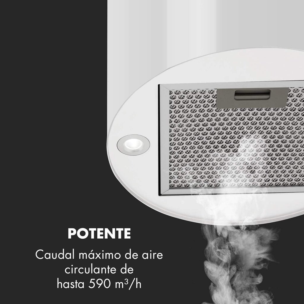 Klarstein Barett - Campana extractora aislada, Ø 35cm, Potencia de 190 W, Ventilación máxima de 590 m³/h, 3 niveles de potencia, CEE B, Iluminación LED, Acero inoxidable cepillado, Blanco