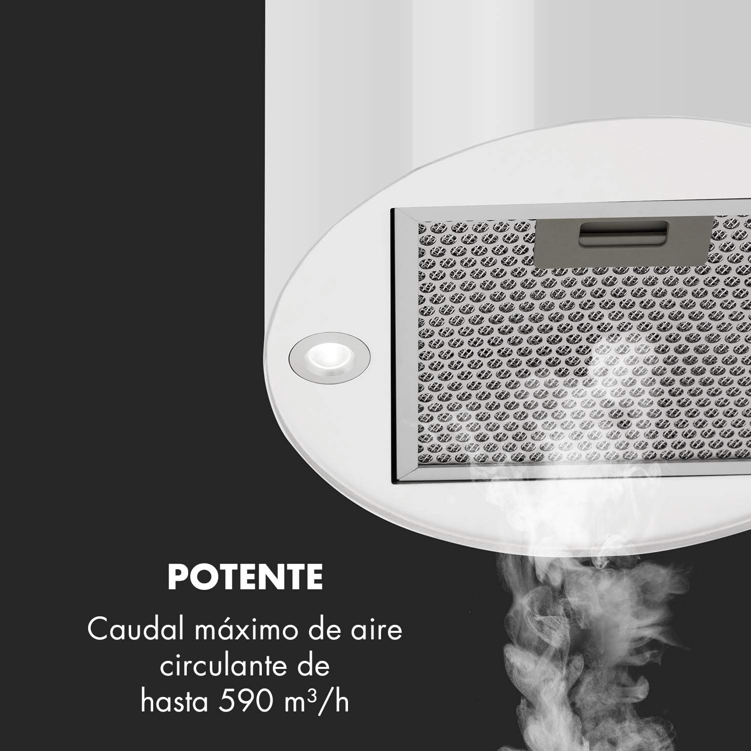 Klarstein Barett - Campana extractora aislada, Ø 35cm, Potencia de 190 W, Ventilación máxima de 590 m³/h, 3 niveles de potencia, CEE B, Iluminación LED, Acero inoxidable cepillado, Blanco