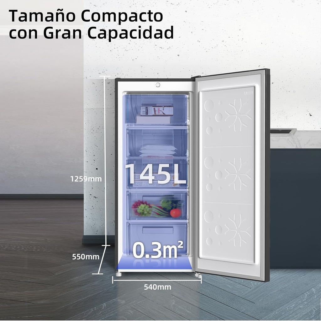 Congelador vertical independiente CHiQ, 145L de capacidad, congelación rápida, termostato ajustable, silencioso, puerta reversible, negro, clasificación energética E