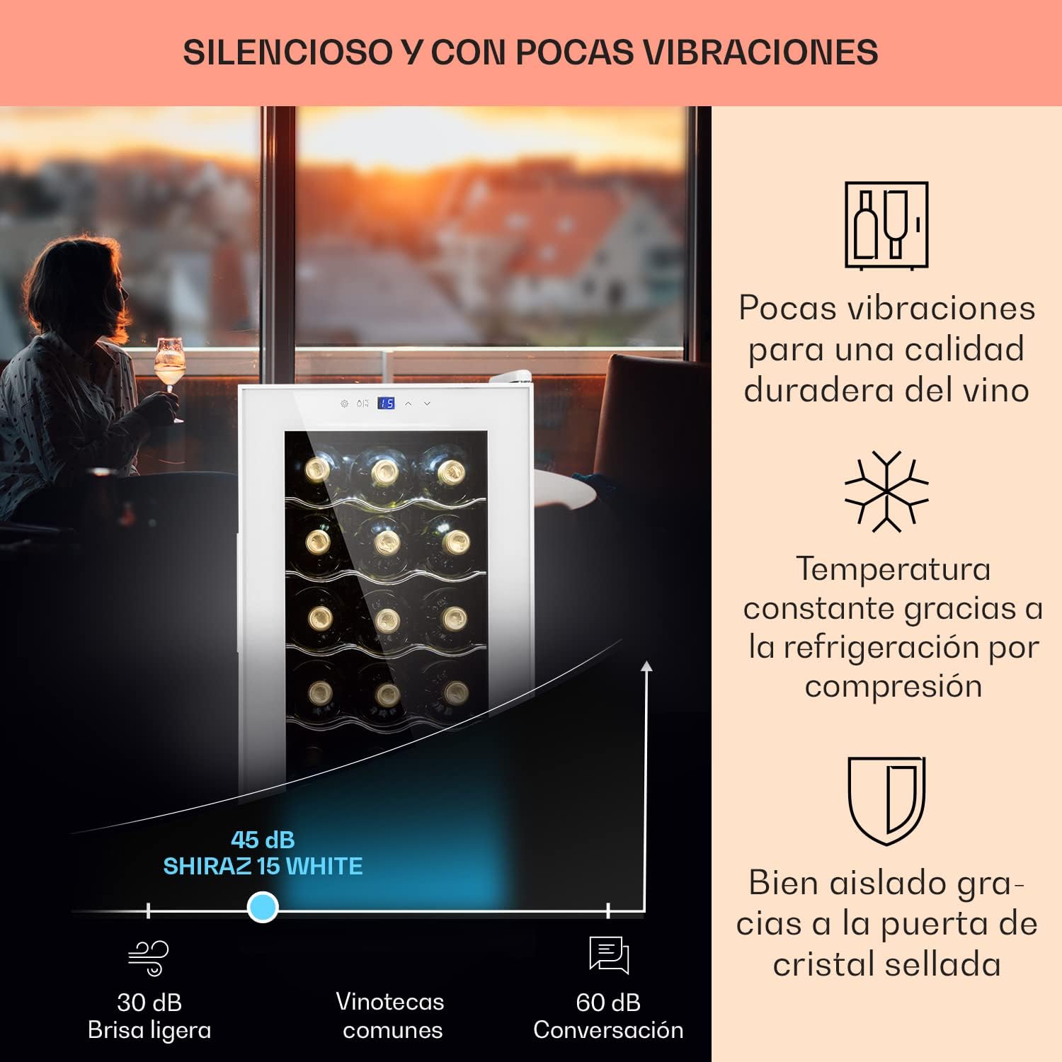 KLARSTEIN Vinoteca para Vinos de 44L Nevera Vino Una Zona, Botellas Vino, Proseco y Cervezas, Vinoteca Pequeña Puerta Cristal para Interior y Exterior, Nevera para Vinos Capacidad 15 Botellas