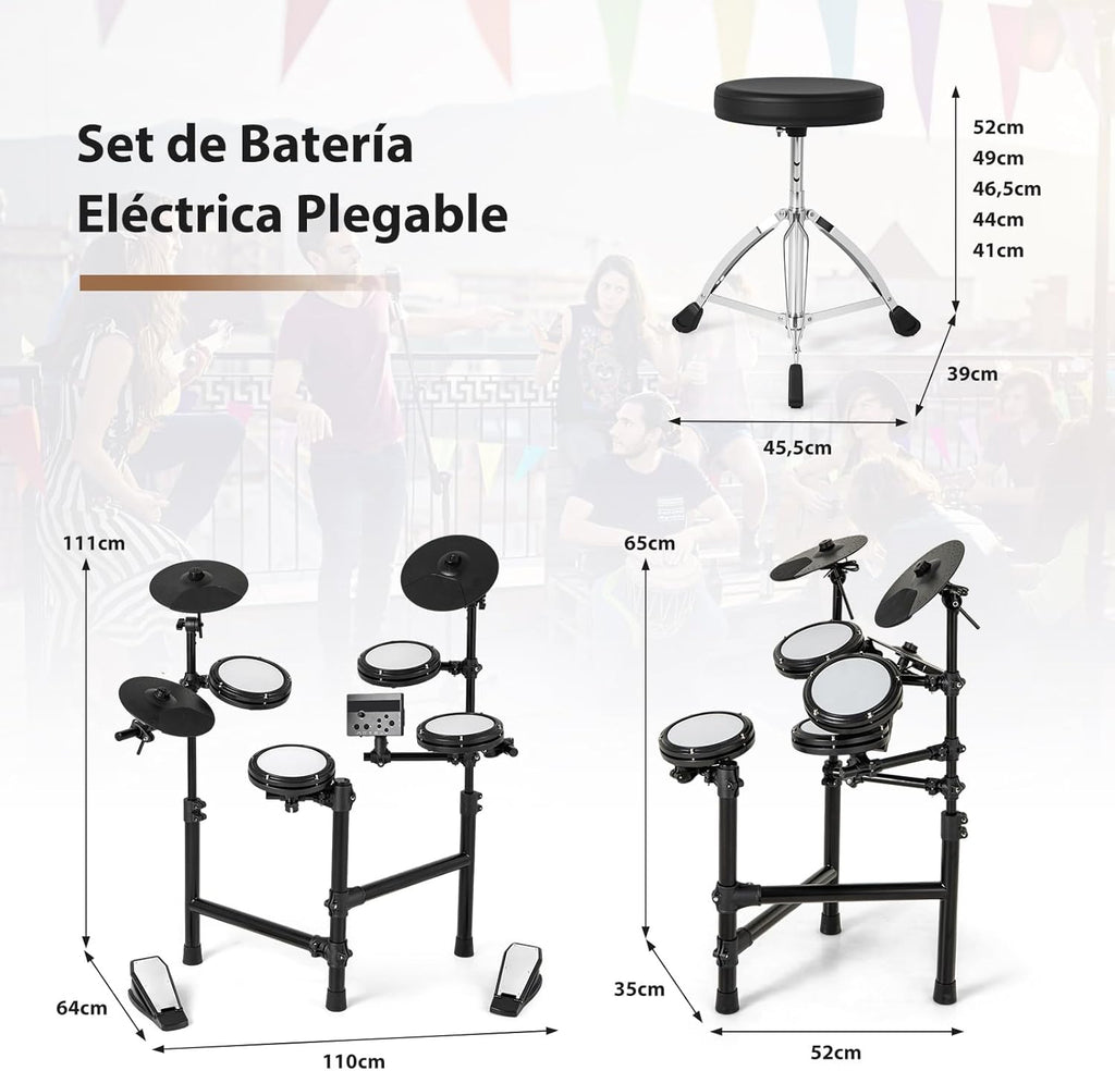 GOPLUS Batería Electrónica Completa Plegable con 150 Sonidos, Pads de Malla, Platillos de Silicona, 10 Canciones, 9 Tipos de Metrónomo, USB Midi, 2 Pedales, 2 Baquetas, Asiento Ajustable