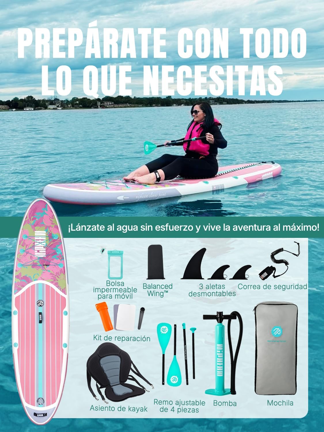 Niphean Tabla Paddle Surf Hinchable para Adultos con Todos los Accesorios, 320cm Paddle Surf Hinchable para Todos los Niveles, Sup Capacidad 200kg para 2 Personas, Stand up Paddle Board con Asiento