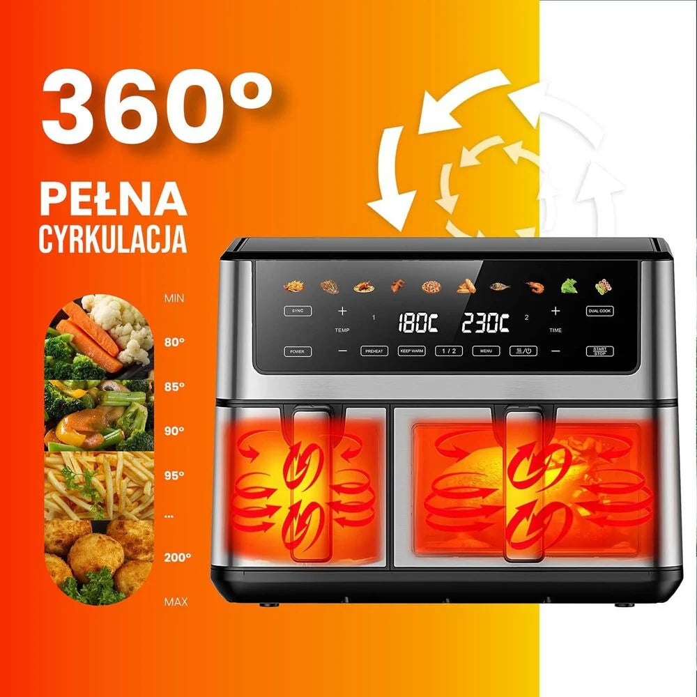 Frytkownica beztłuszczowa z okienkiem Extralink Dual Basket, 2 komory, 2500 W, 6,5 l i 3,5 l, srebrna