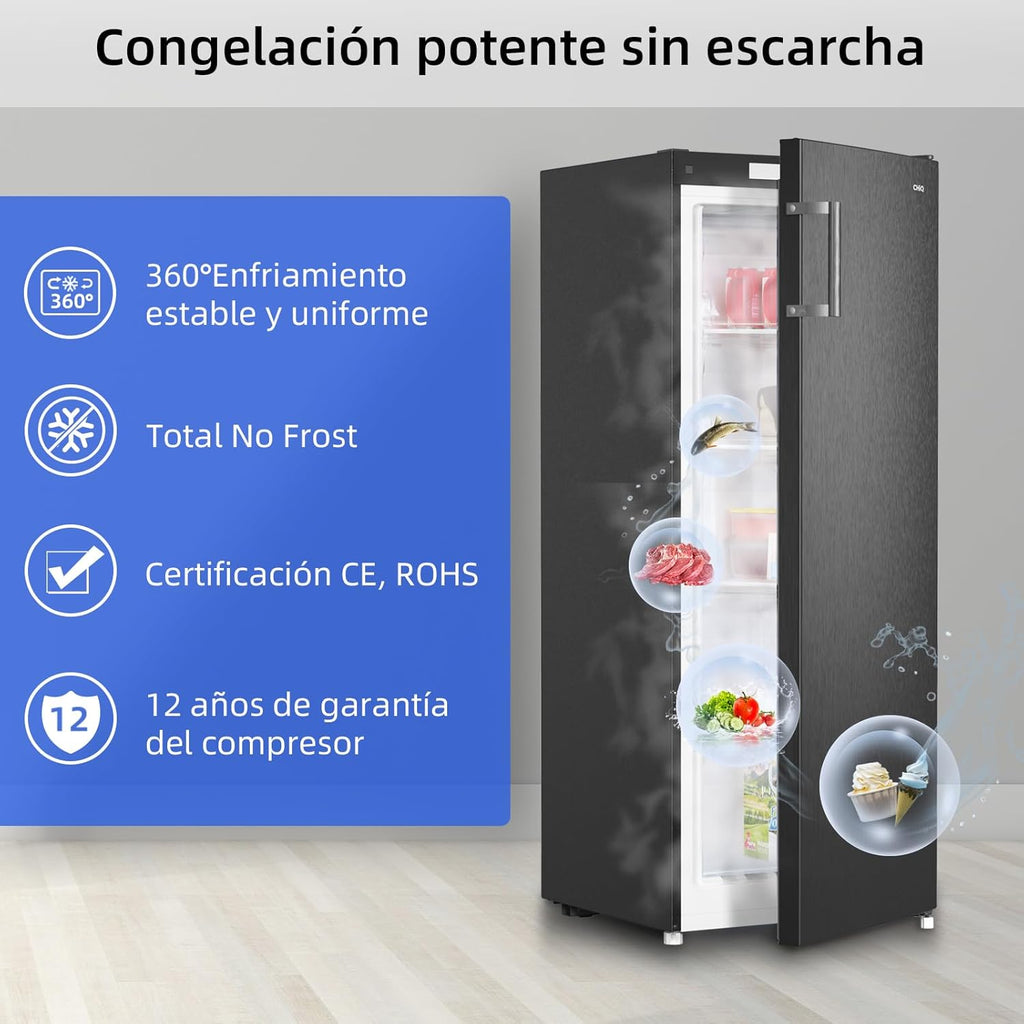 CHiQ Congelador Vertical No frost 166L,FSD166NE4E, Cajones XL, Control de Temperatura Electrónico, Puertas Reversibles, Silencioso, Ice Box, Color Inox Negro, Clase Energética E