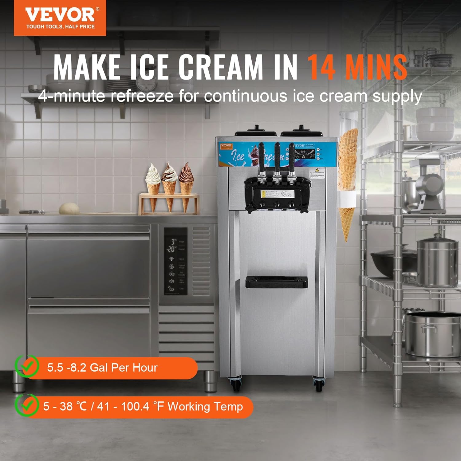 VEVOR Máquina de Helados Comercial 21-31 L/h 1500 W 3 Sabores Máquina para Hacer Helados 2 Tolvas de 5,5 L Independiente Pre-Refrigeración Limpieza Automática para Restaurante Bar Mercado Tienda