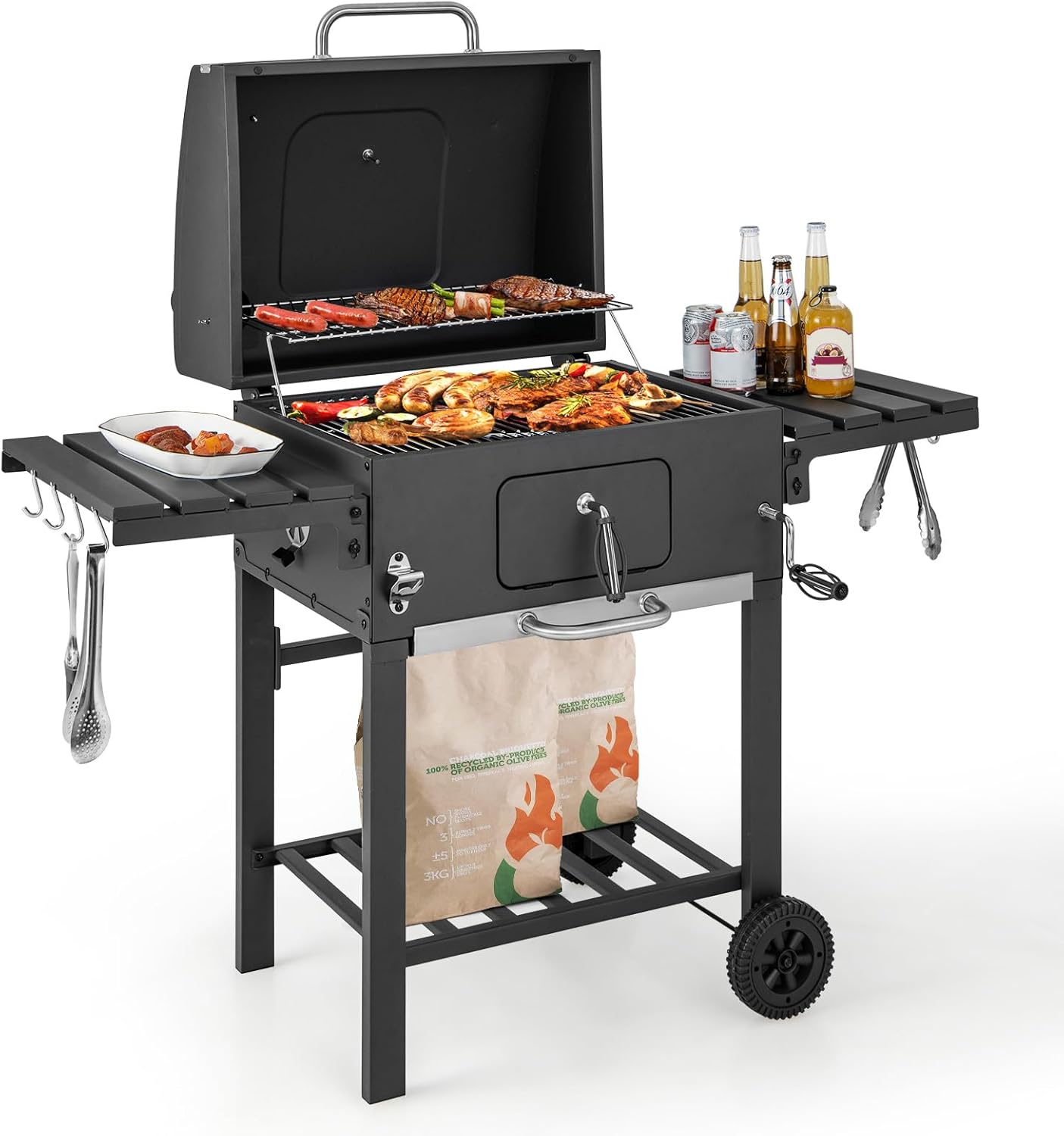 COSTWAY Barbacoa Carbon XXL, Barbacoa Portatil 128 x 54x 117 cm, Tapa, Termómetro, 2 Mesas Laterales Plegables, 8 Ganchos, 2 Ruedas y Abridor de Botellas