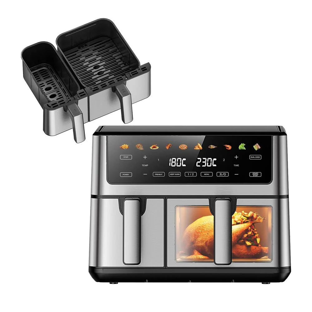 Frytkownica beztłuszczowa z okienkiem Extralink Dual Basket, 2 komory, 2500 W, 6,5 l i 3,5 l, srebrna