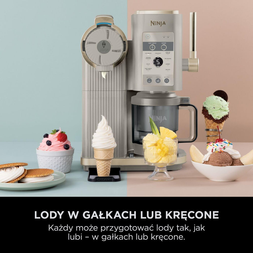 Ninja CREAMi Scoop and Swirl Maszyna do lodów z 2 pojemnikami, 13 funkcji, przygotowuje lody, lody włoskie, gelato, koktajle mleczne i inne desery, opcja dodatków, kamienne złoto, NC701EUSTGD