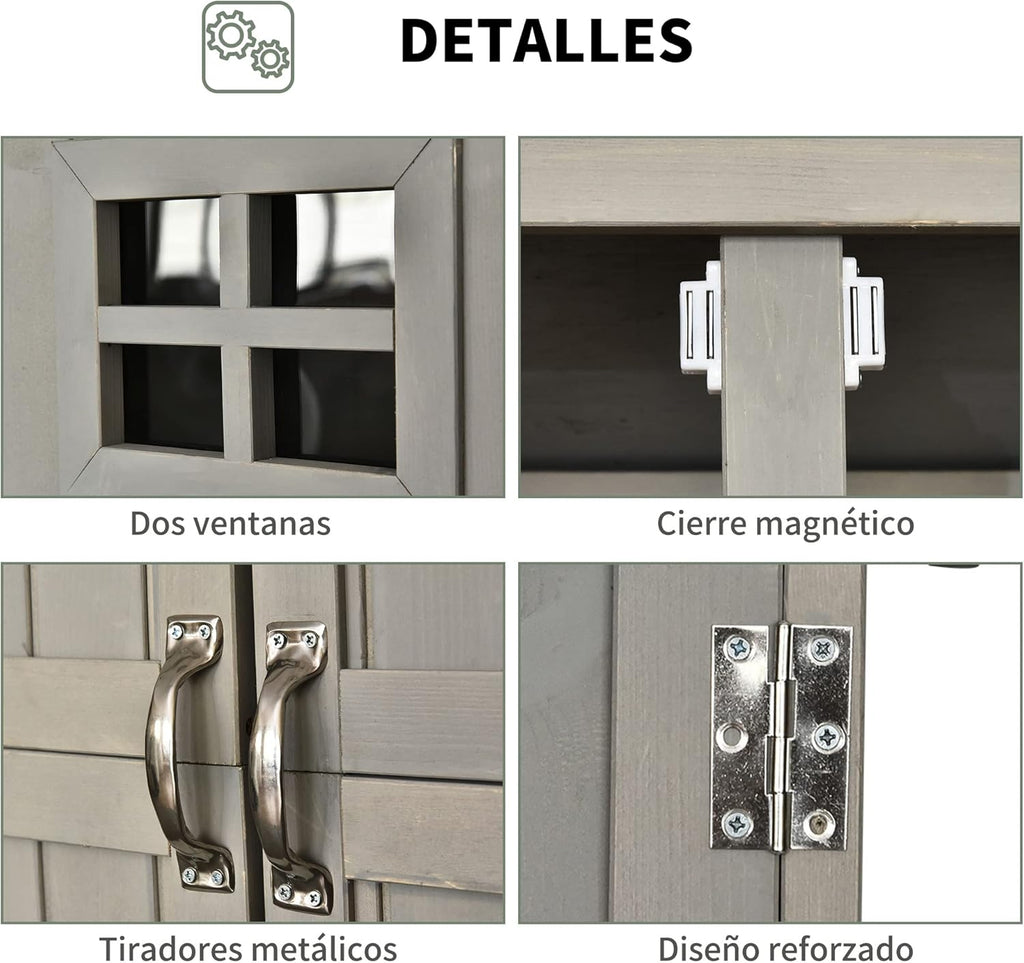 Outsunny Cobertizo de Madera Caseta Exterior Armario Herramientas de Jardinería Doble Puertas Techo Impermeable Compartimientos de Diferentes Tamaños 127.5x50x164cm Madera Maciza