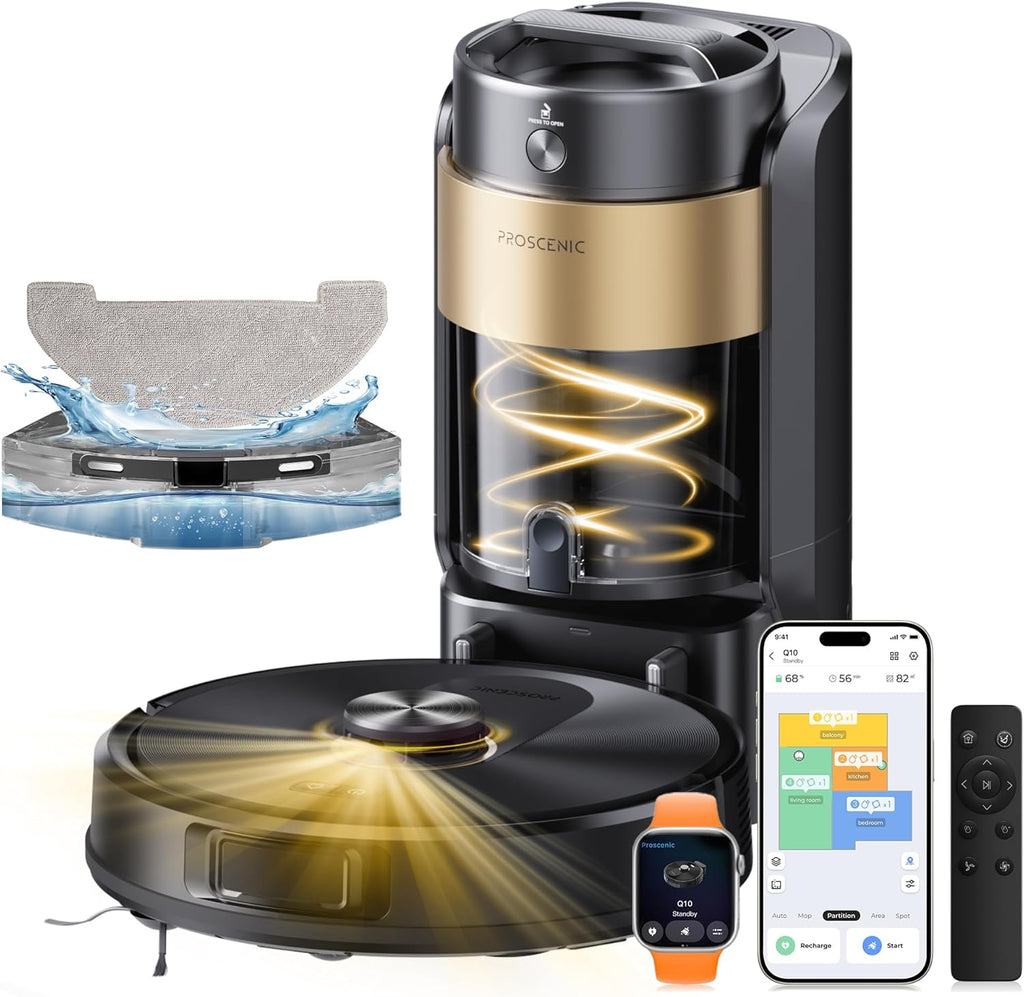Proscenic Q20 Plus Robot Aspirador y Fregasuelos 10000 Pa/200Mins, con 4L Base Autovaciado sin Bolsa, Navegación y Cartografía por Láser por App/Voz/Control, para Suelos, Alfombras y pelos de Mascotas