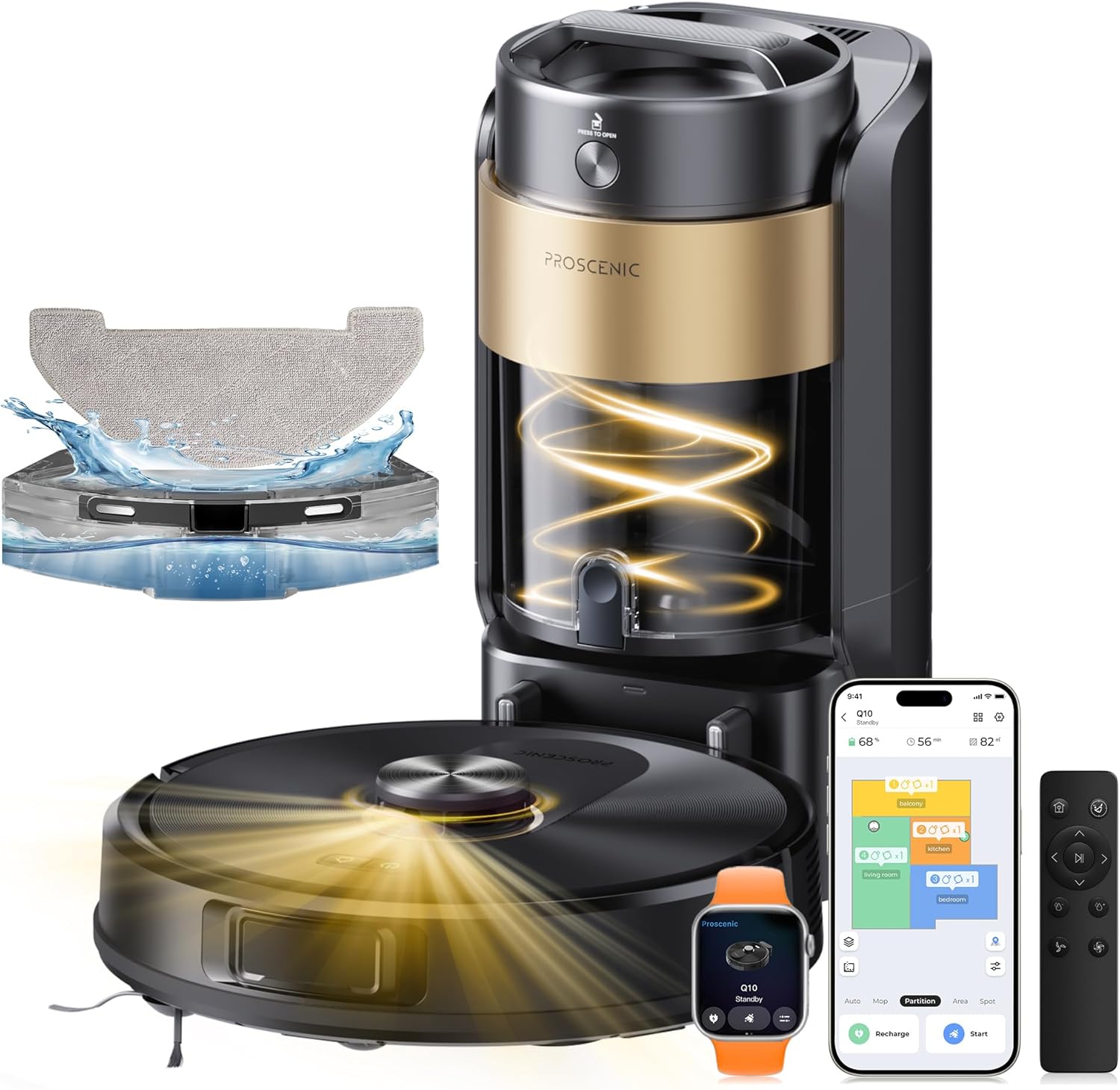 Proscenic Q20 Plus Robot Aspirador y Fregasuelos 10000 Pa/200Mins, con 4L Base Autovaciado sin Bolsa, Navegación y Cartografía por Láser por App/Voz/Control, para Suelos, Alfombras y pelos de Mascotas