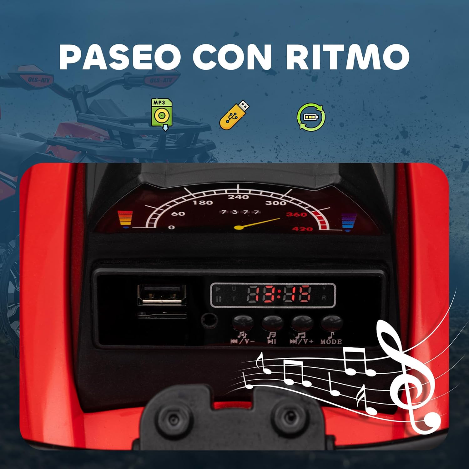HOMCOM Quad Eléctrico 12V para Niños +3 Años con 2 Motores Faros Música Neumáticos de Suspensión Botones Avance y Retroceso Vehículo Eléctrico a Batería 100x65x73 cm Rojo