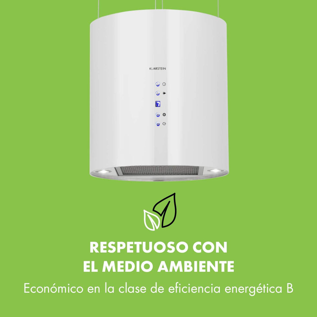 Klarstein Barett - Campana extractora aislada, Ø 35cm, Potencia de 190 W, Ventilación máxima de 590 m³/h, 3 niveles de potencia, CEE B, Iluminación LED, Acero inoxidable cepillado, Blanco