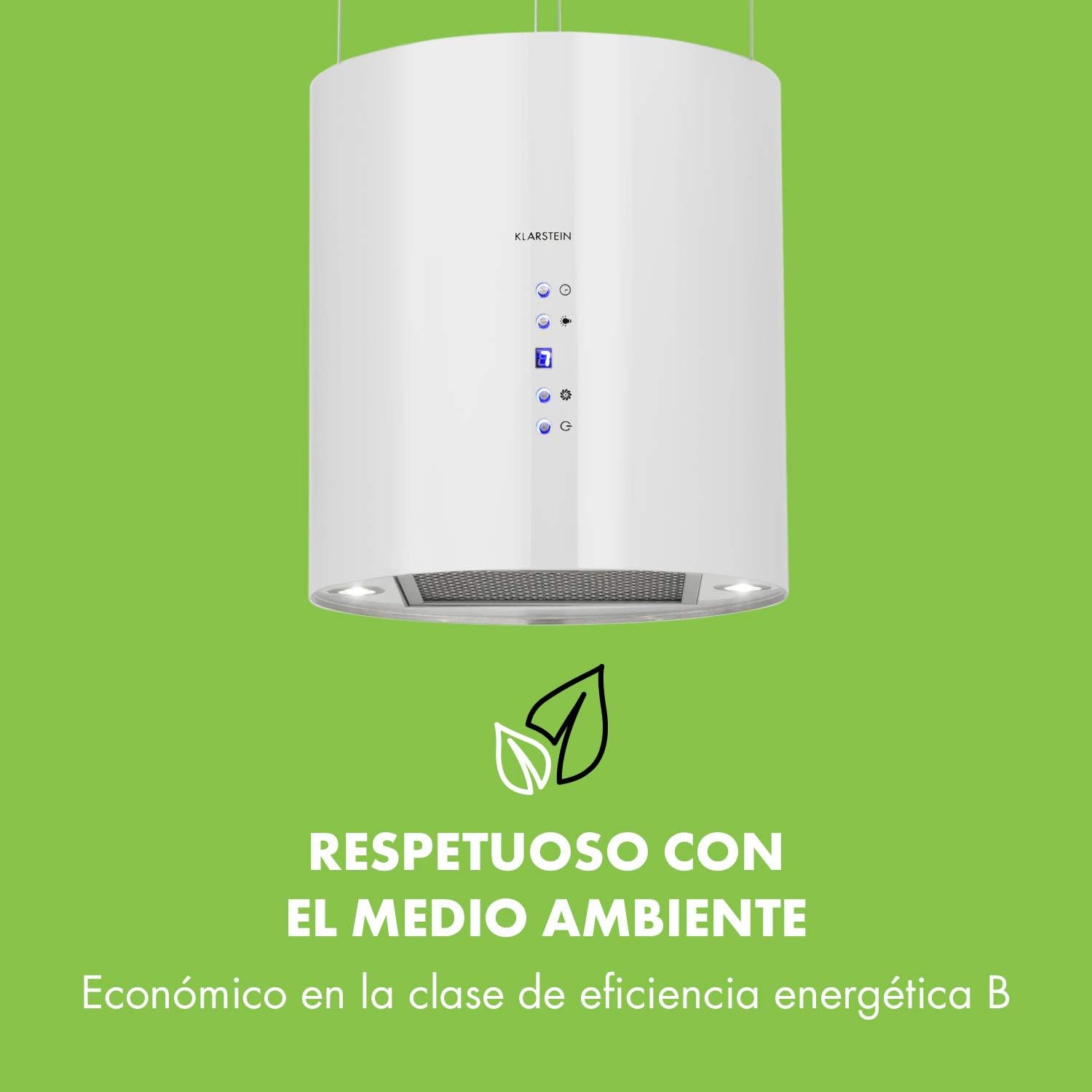 Klarstein Barett - Campana extractora aislada, Ø 35cm, Potencia de 190 W, Ventilación máxima de 590 m³/h, 3 niveles de potencia, CEE B, Iluminación LED, Acero inoxidable cepillado, Blanco