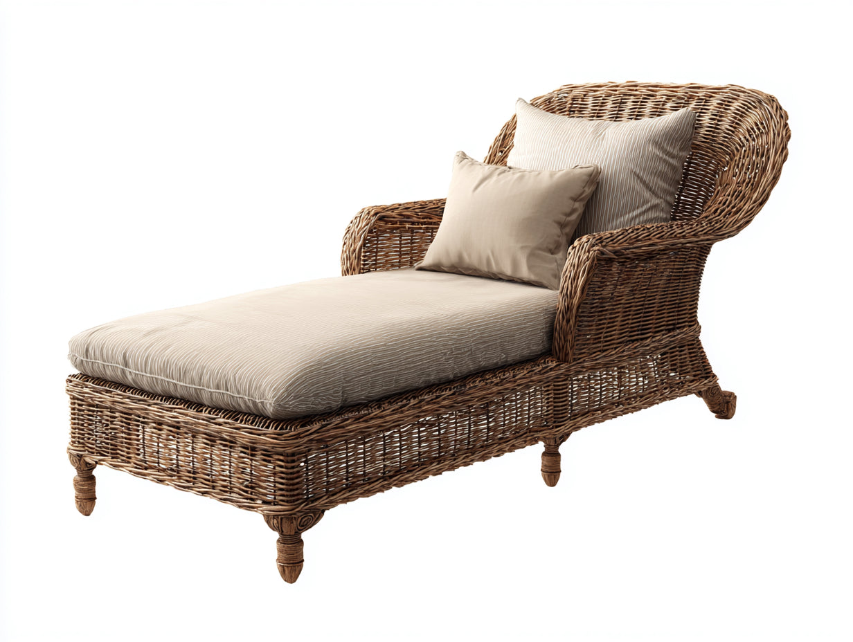 Tumbona de jardín ratán natural 190x70x95 cm marrón beige con cojín para exterior estilo clásico