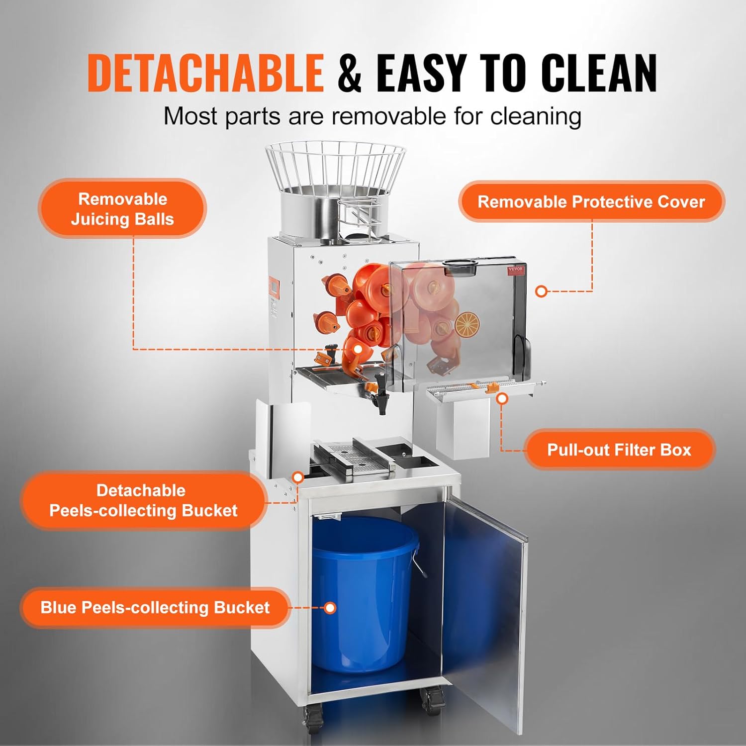 VEVOR Exprimidor de Cítricos Eléctrico 120 W Extractor de Zumo de Naranja Comercial Automático con Filtro Extraíble Cubo de Recolección de Cáscaras y Grifo para Restaurantes, Cafeterías, Fruterías