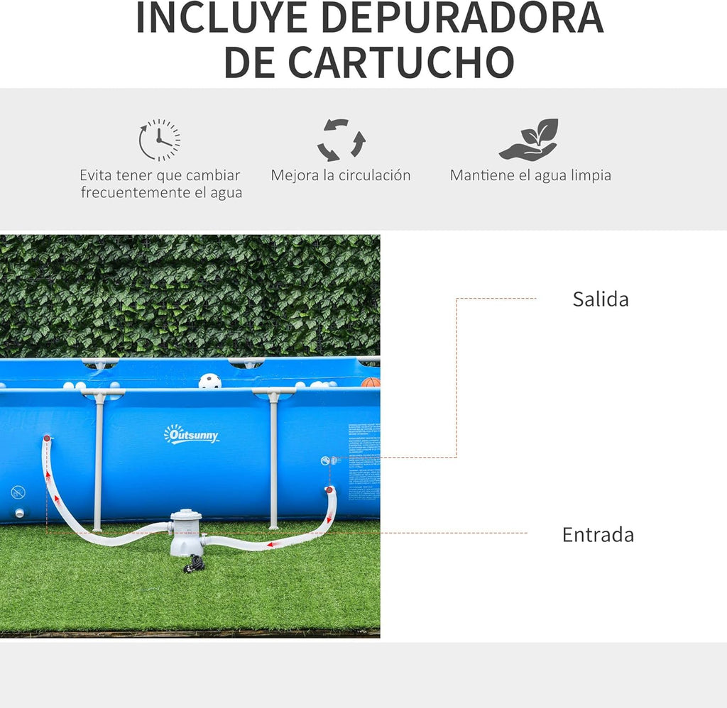 Outsunny Piscina Desmontable Tubular 252x152x65 cm con Depuradora de Cartucho 1200L/H Piscina Rectangular de Exterior para Adultos y Niños 2163L Azul