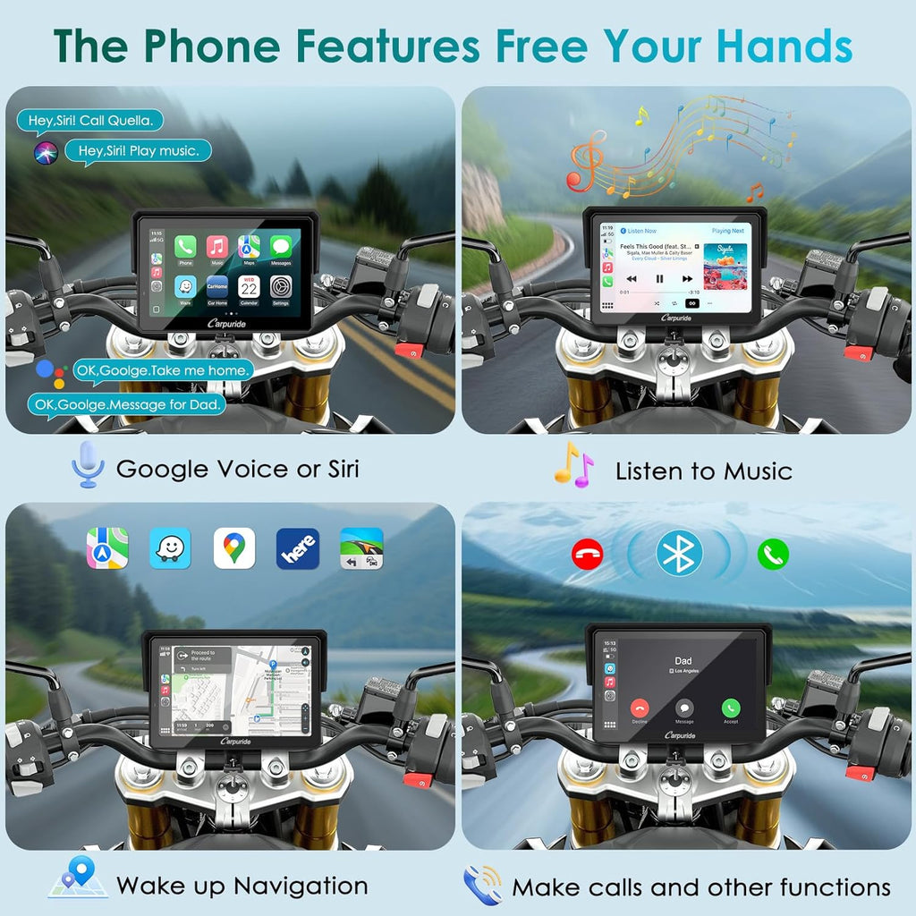 Carpuride W502S Pro - GPS inalámbrico para Motocicleta, Carplay/Android Auto, Pantalla táctil Impermeable de 5", con Soporte BM05, Bluetooth Trans, Mando a Distancia con Cable y navegación