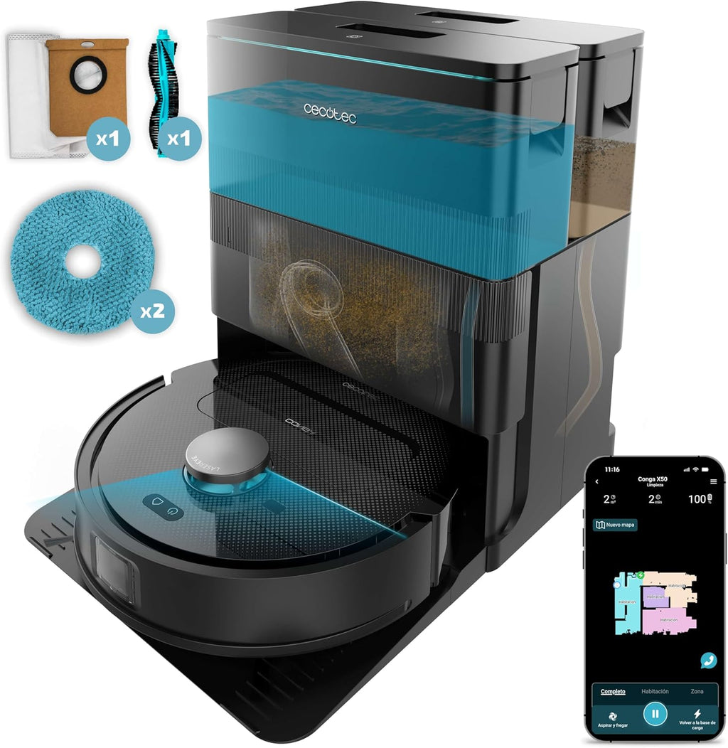 Cecotec Robot Aspirador y Friegasuelos con Base de Autovaciado y App Conga X50 X-Treme. Navegación Láser, Mapeo Interactivo, 15000Pa, Autonomía 240mins, Mopas Elevables, Base con 3 Depósitos