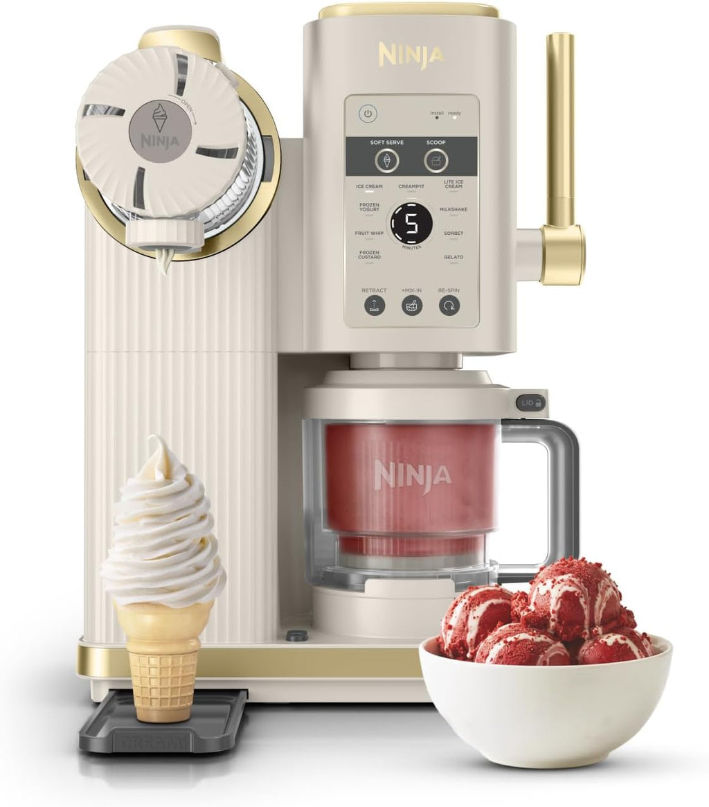 Ninja CREAMi Scoop and Swirl Maszyna do lodów z 2 pojemnikami, 13 funkcji, przygotowuje lody, lody włoskie, gelato, koktajle mleczne i inne desery, opcja dodatków, kamienne złoto, NC701EUSTGD