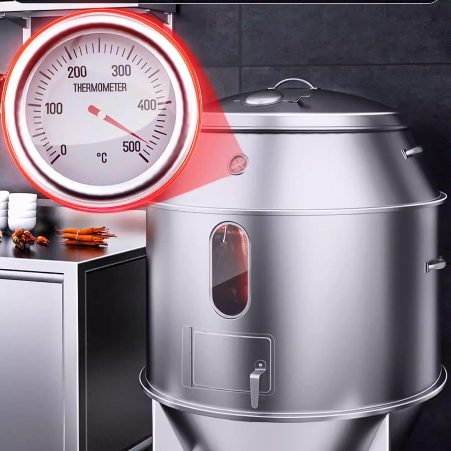 Ahumador Asador Barril Gran Capacidad Fabricado en Acero Inoxidable Totalmente Lavable Horno Circular Colgante De 360° Con Termómetro Y Puerta Central Barbacoa Portatil